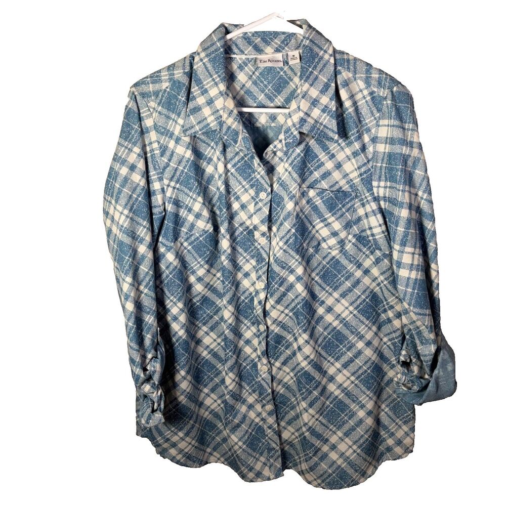 Kim Rogers Shirt Women's Medium Blue Plaid Button Up 3/4 Sleeve Collared Top